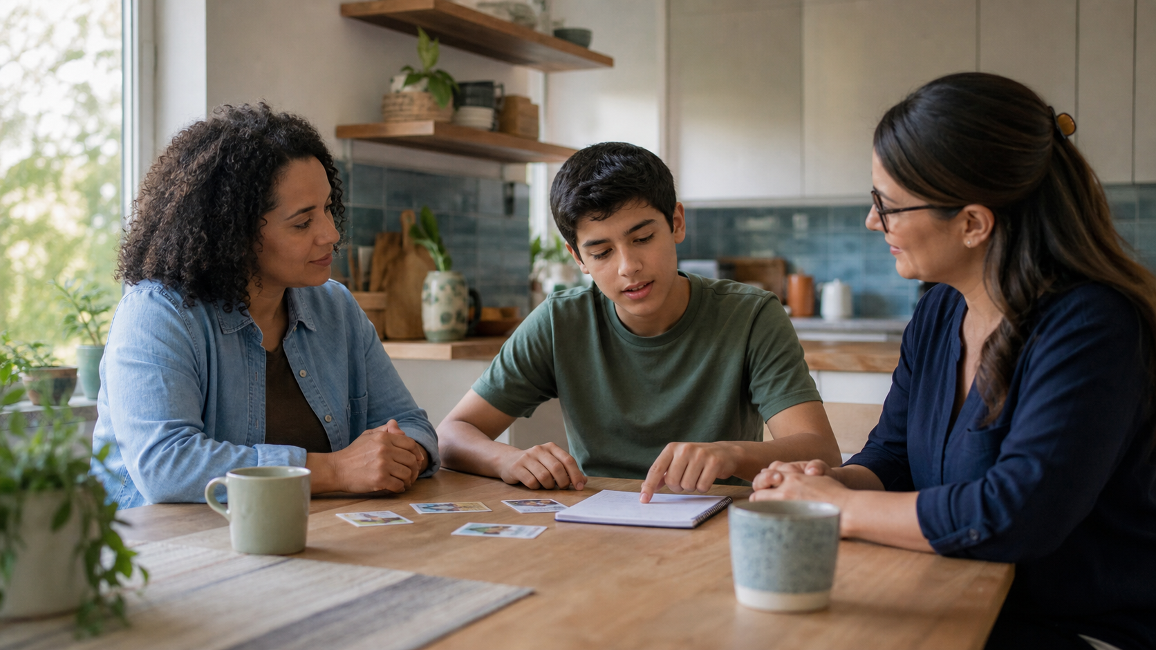 A teenager chooses personal goals at a kitchen table while a parent and therapist listen