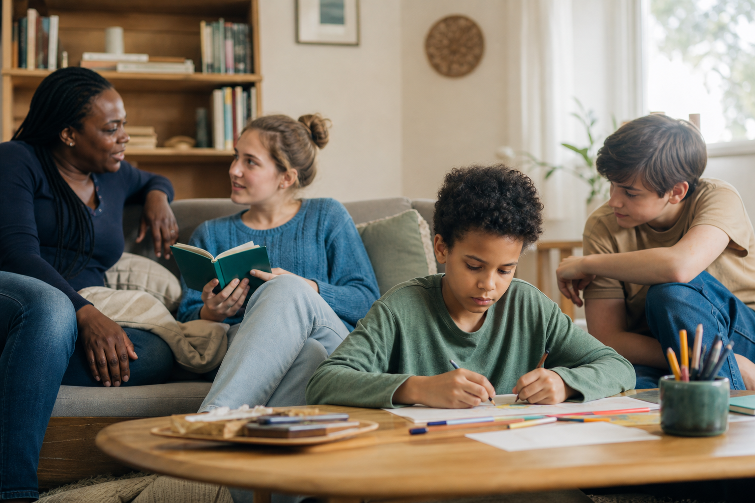 Three siblings share a calm afternoon at home while a parent listens nearby